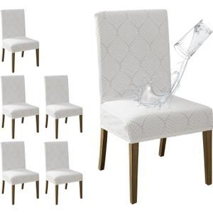 MOSAYT 100% Waterproof Dining Room Chair Covers Set of 6, Super Fit Stretch Jacquard Parson Chairs Slipcovers Removable Washable Chair Seat Protectors for Home, Kitchen, Banquet (White)