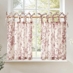 jinchan Floral Linen Tier Curtains 36 Inch Farmhouse Café Curtains Tie Top Botanic Drapes for Small Windows Over Sink for Kitchen Laundry Room Bathroom RV 2 Panels Red on Beige
