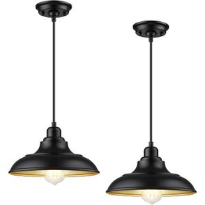 Pendant Lighting, Farmhouse Decor Adjustable Metal Hanging Lamp Ceiling Lamp, Hanging Light Fixtures, Industrial Black Pendant Lights for Kitchen Island Dining Room Barn, E26 Base, 2 Pack