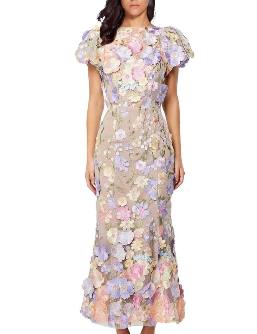 NeeMee Women's 3D Floral Embroidery Dress Ruffle Sleeve Fishtail Lace Bodycon Party Cocktail Mini Dress(Purple-XL)