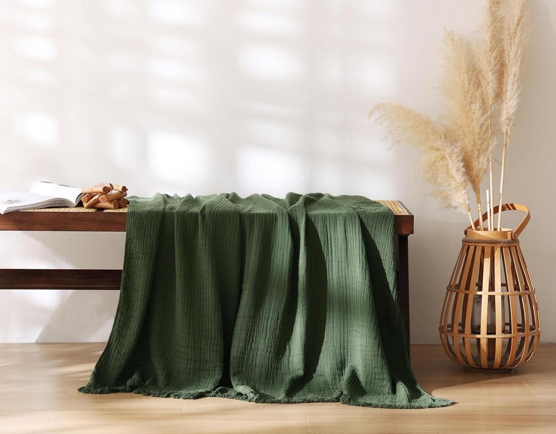 AORISSI 100% Cotton Muslin Throw Blanket for Bed, Couch, Small, Decorative, Soft, Pre-Washed, Breathable and Lightweight Gauze Blanket with Tassels, Suitable for All Seasons, Olive Green, 50"x60"
