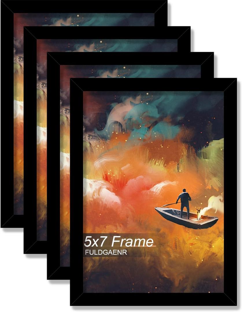 FULDGAENR 5x7 Picture Frame Set of 4, Black Frames for 5 x 7 Inch Photo Poster Certificate, High Transparency Wall/Tabletop Frame with Horizontal Vertical Display (4 Pack | Black | 5"x7")