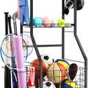 Sports Equipment Garage Organizer,Garage Ball Storage Rack for Sports with Wheels-Upgraded 3 Layers Sports Organizer Rack Outdoor Basketball Racks for Balls with Holder and Hooks (Black)