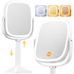 Gospire Rectangle Lighted Makeup Mirror with Magnification, 10X Magnifying Mirror with Lights 3 Color, Height Adjustable and 4000mAh Battery for Bedroom Bathroom, Large Surface for Women or Men- White Gospire Rectangle Lighted Makeup Mirror with Magnification, 10X Magnifying Mirror with Lights 3 Color, Height Adjustable and 4000mAh Battery for Bedroom Bathroom, Large Surface for Women or Men- White