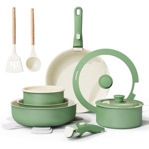 Bazova Ceramic Nonstick Cookware Set, Healthy,Non Toxic,17-Pieces Pots and Pans Set Removable Handles,Induction RV Kitchen Set,Stain & Scratch-resistant,Dishwasher/Oven Safe,PFAS/PFOA Free,Cream White (Green)
