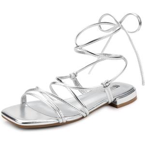 IDIFU Strappy Lace Up Flat Sandals for Women Tie Up Square Open Toe Ankle Wrap Straps Dressy Gladiator Summer Beach Wedding Party Ladies Comfortable Cute Casual Dress Sandals Silver Pu 5.5