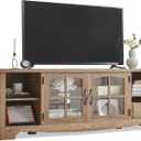 LINSY HOME TV Stand for 75 Inch TV, Modern Farmhouse Entertainment Center with Storage Cabinets and Glass Doors, Tall Media Console Table for Living Room, Bedroom, Large Long Television Stand, Brown, 66"