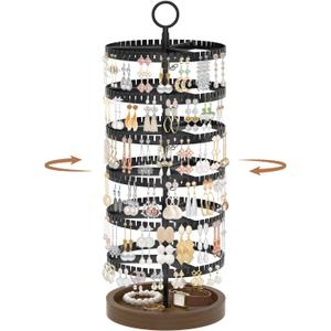 iDavosic.ly 6 Tier Rotating Earring Holder Organizer with Wooden Tray, Large Dangle Display Stands Tree with 342 Plastic Grooves, Adjustable Hoop Storage Rack, Space Saving Tower, Black & Brown