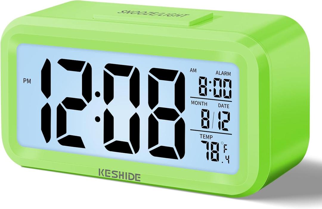 Night Light Digital Alarm Clock Battery Operated with Indoor Temperature, Desk Small Clock,Snooze Model,12/24H Display for Bedrooms Heavy Sleepers Kids Travel Bathroom Green