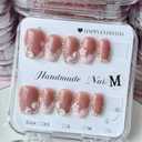 Handmade Short Square Press on Nails, Pink French Tips with Luxury Rhinestones & 3D Flowers, Reusable Nail Kit for Women, M Size 10 Pcs