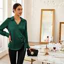 GRACE KARIN Women's Satin Silk Blouses Wrap V Neck Shirts Long Sleeve Elegant Tie Waist Office Formal Work Tunic Pullover Tops,  XL