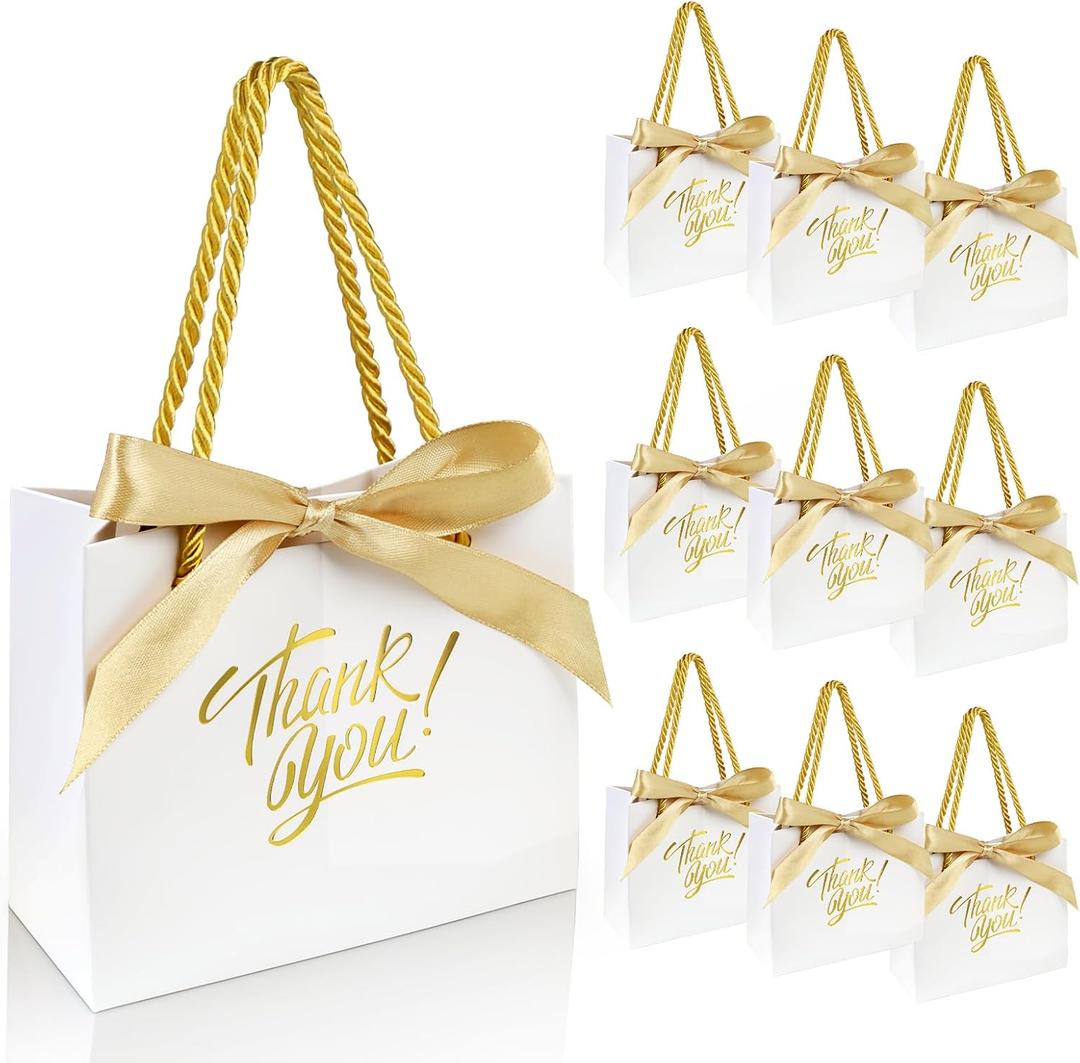 EQOREIIN 60 Pack Small Thank You Gift Bags with Handles 5.5 x 2.4 x 4.7 Inches Mini White Gift Bags with Bow Ribbon Tiny Party Favor Bag Bulk for Easter Mother's Day Baby Shower Wedding (White)