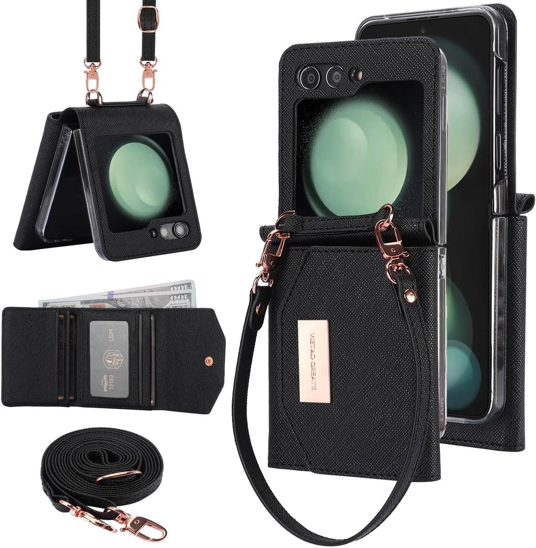 for Samsung Galaxy Z Flip 5 Wallet Case with Built-in Leather Cash Slot and Credit Card Holder. Wristlet Strap and Hinge Protection, Carrying Handbag Phone Case for Women Ladies.(Black)
