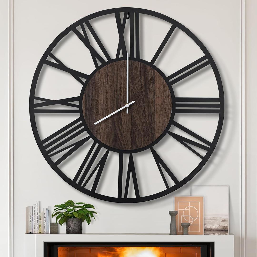 LEIKE Extra Large Wall Clocks,Silent Little Ticking,Battery Operated Vintage Round Modern Wood Wall Clock for Living Room, Bedroom,Farmhouse,Office Home Decor-32 Inch(Black-Roman Numerals)