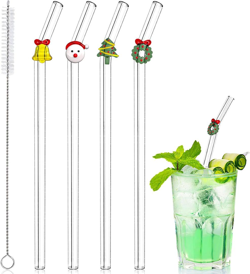 4Pcs Christmas Glass Straws with Charms, Reusable Clear Drinking Straws with Colorful Christmas Design, Cute Glass Straw Shatter Resistant for Xmas Party Drinks Cocktail Beverages