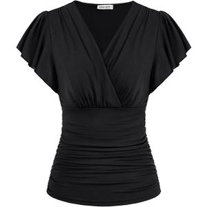 GRACE KARIN 2025 Womens Tops Summer Wrap Blouse V Neck Ruffle Sleeve Dressy Casual Top Ruched Trendy Clothes, XL