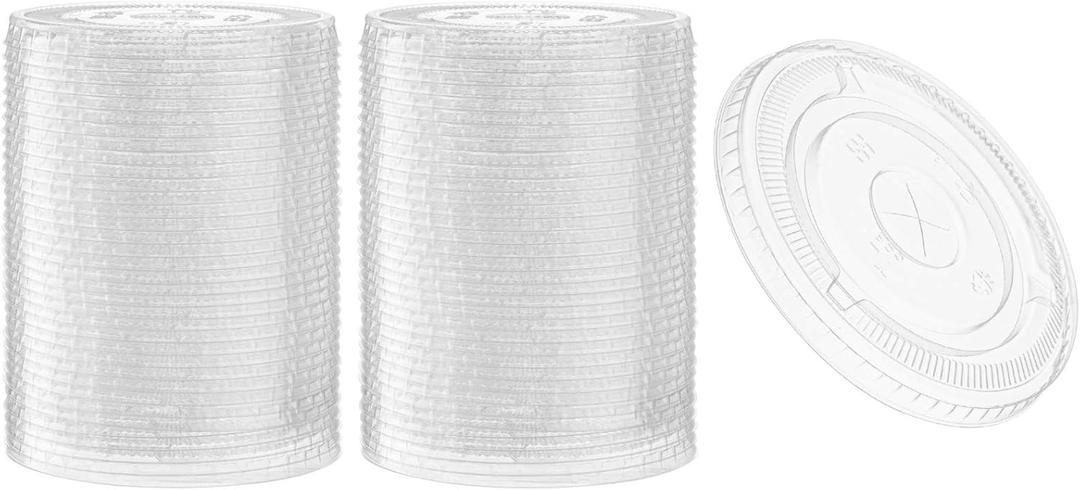 [100 Count] Crystal Clear PET Plastic Flat lids Fits 14, 16, 20, & 24 oz Cups for Iced Coffee, Milkshake, Slurpee, Ice cream, Razzle, Slush, Smoothy, Party's,