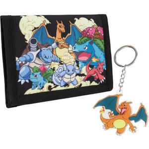Pokemon Wallet and Keychain Set for Kids Trifold Wallet with ID Pocket Card Slots Zipper Coin Purse Pikachu Anime Gifts for Boys (Black/Multi)