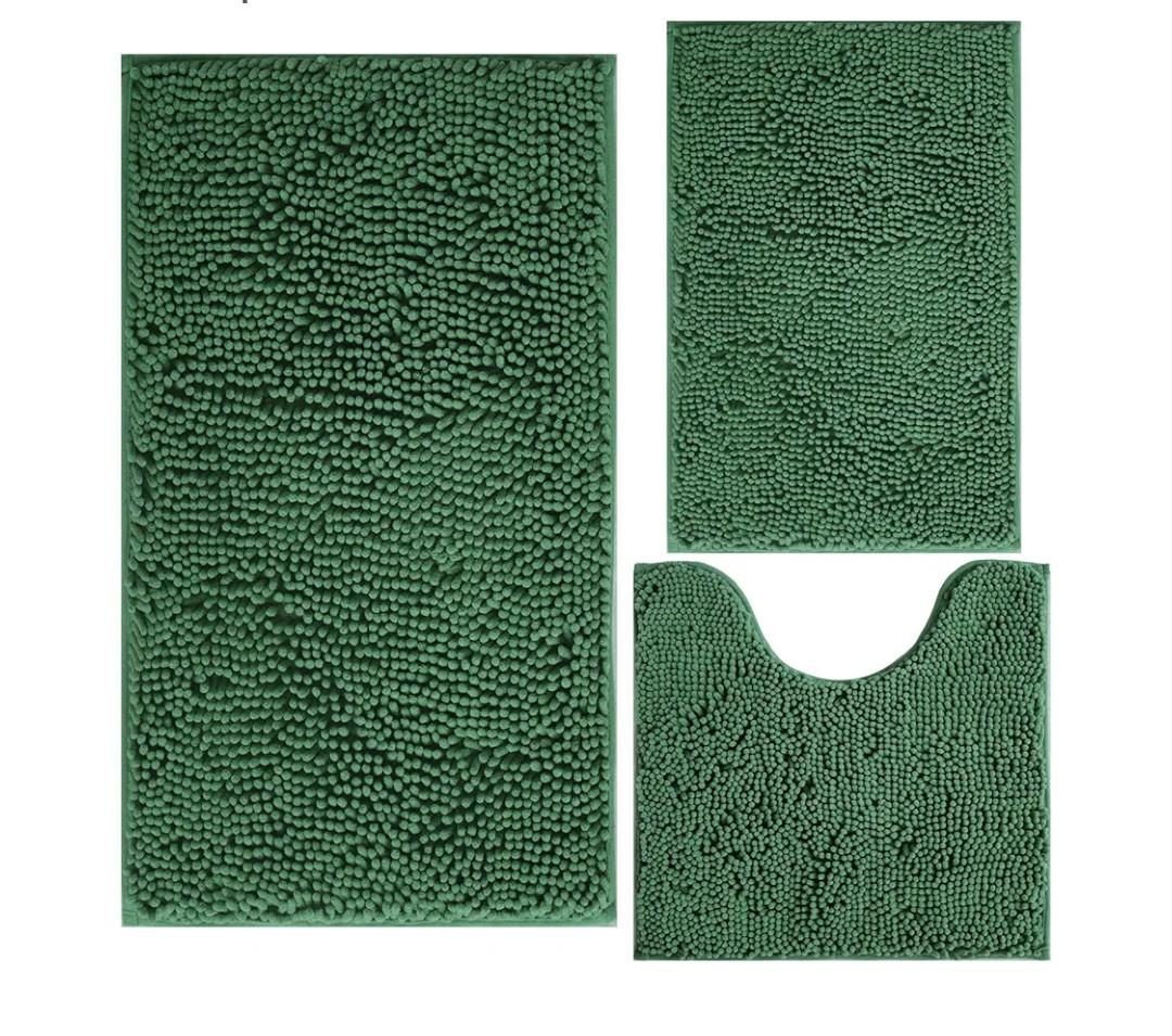 Green Bathroom Rug Chenille 3-Piece Extra Soft and Absorbent Shag Bath Mat Set, Machine Wash Bathroom Rug Set, Strong PVC Non-Slip Underside, Plush Carpet Bath Mat (Dark Green
