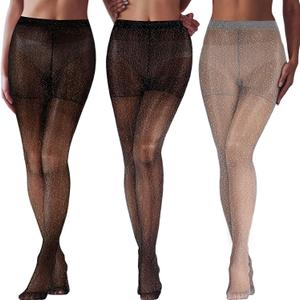 SATINIOR 3 Pairs Metallic Tights Women's Shimmer Tights Shiny Elastic High Waist Pantyhose for Valentine Dating Outfit (Black Mix Gold, Black-silver, Grey-silver)