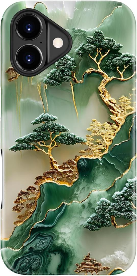 For iPhone 17 Case - Wireless Charging Compatible - Dual-Layer Hard Shell + Silicone Cover - Shockproof Protective Phone Case with Stylish Designs for Women - Gold Inlaid Jade Carving