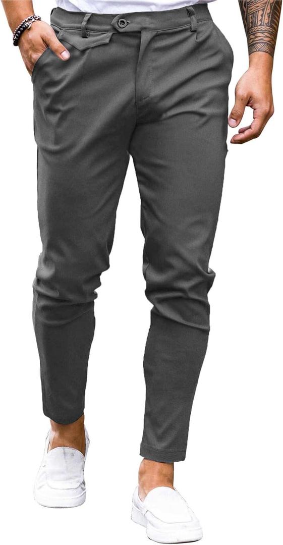 Mens Chinos Slim Fit Pants Flat Front Stretch Skinny Tapered Dress Pants Comfort Casual Solid Trousers (Gray)