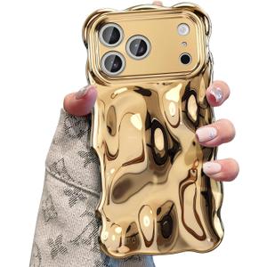 UEEBAI Ripple Case for iPhone 17 Pro Max, Cute Silver Cover Wave Shape for iPhone Case Pretty Aesthetic 3D Phone Cover, Water Ripple Shell 3D Chrome Design for Women and Girl, Gold