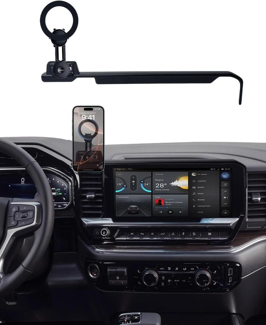 PZK Car Phone Holder for Chevy Silverado 1500/GMC Sierra 1500 2022 2023 2024 2025 2026 Accessories 13.4-Inch Screen Compatible with MagSafe Chevy Phone Mount with 360 Rotating Extension Rod