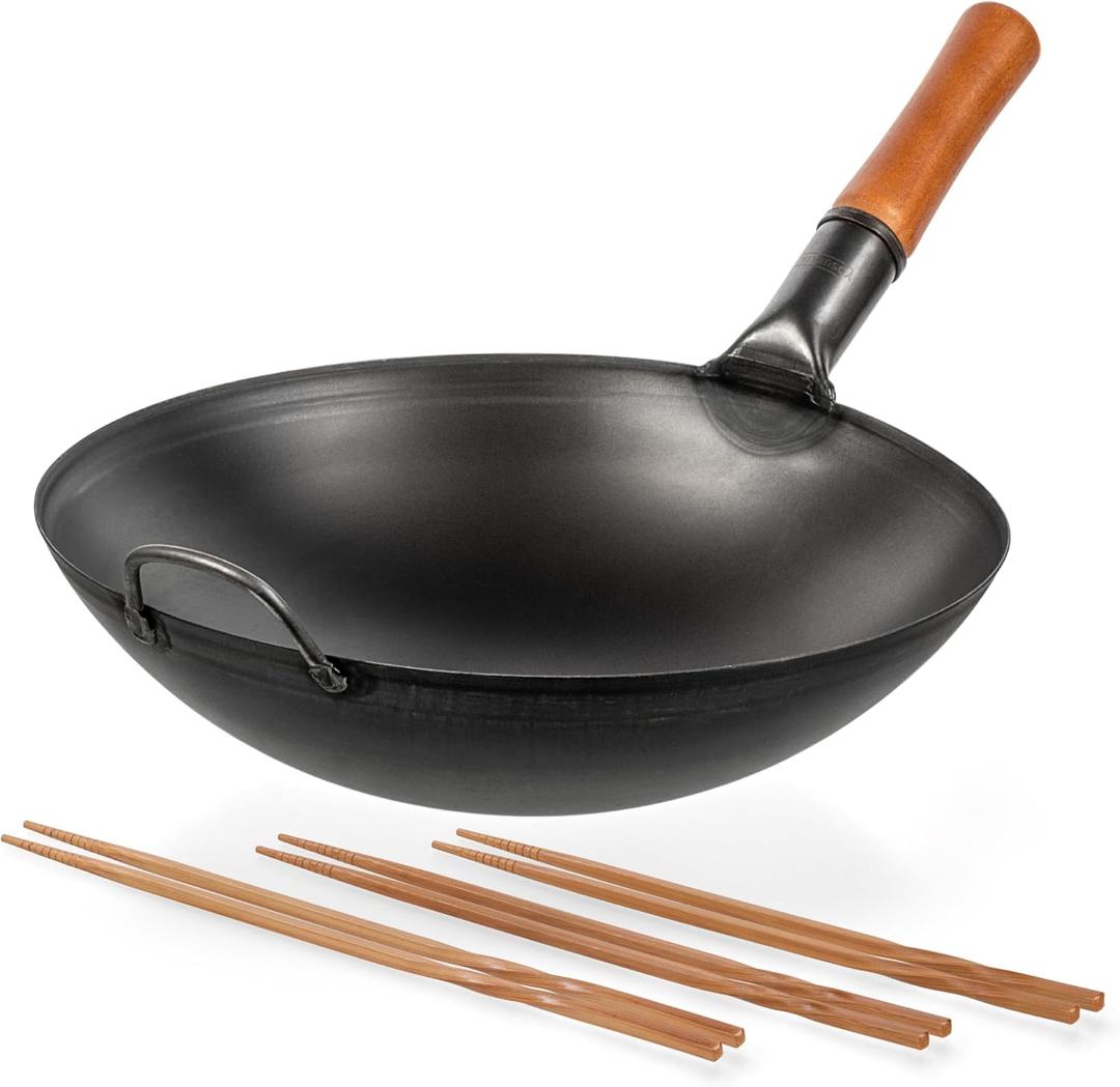 YOSUKATA Carbon Steel Wok Pan - 14  Woks and Stir Fry Pans + Reusable Natural Wooden Long Cooking Chopsticks Set of 3 pairs: 11.8 inch, 13-inch, 14.2 inch