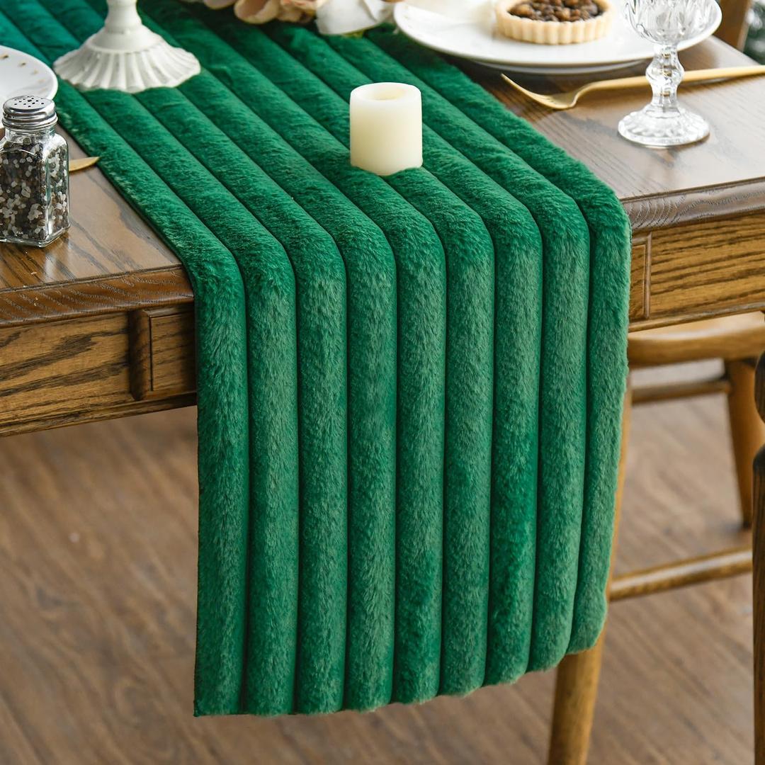 Artoid Mode Green Soft Plush Faux Fur Jacquard Table Runner, Holiday Seasonal Kitchen Dining Table Decoration for Home Party Decor 13x72 Inch