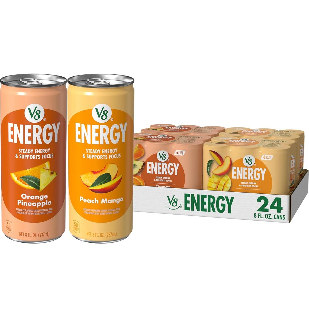 V8 Energy Peach Mango and Orange Pineapple Energy Drinks, 8 fl oz Can (24 Pack) (EXP 03/15/27)