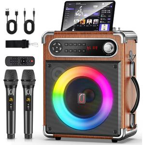 Karaoke Machine with 2 Wireless Microphones,Upgraded 6.5"Woofer & 2"TweeterPortable Bluetooth 5.3 Karaoke Speaker, PA System with Bass/Treble/Echo Adjustment, Supports USB/AUX/TF/TWS for Home Party (80W-55-Wood)