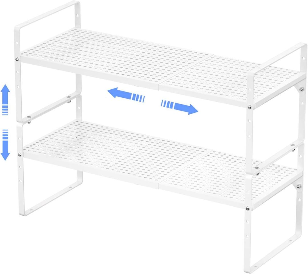 ARCCI Expandable Kitchen Cabinet Shelf Organizers 2 Pack, Stackable Metal Pantry Storage Shelves Rack, Adjustable Counter Shelf for Cabinets, Countertop, Cupboard Organizers and Storage, White