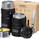 Insulated Food Jar Set  25.4oz & 17oz Stainless Steel Containers with Folding Spoon and Carrying Bags  Leak-Proof, Keeps Food Hot or Cold for up to 12 Hours  Ideal for Work, School, Travel (Black)