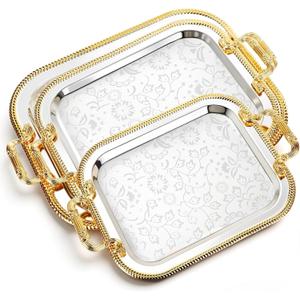 3 Pack Metal Serving Trays with Handles, Decorative Floral Platter Trays for Coffee Tea, Food, Dessert, Jewelry, for Buffet Wedding Party Kitchen Home Decor(Floral, Silver, Gold)