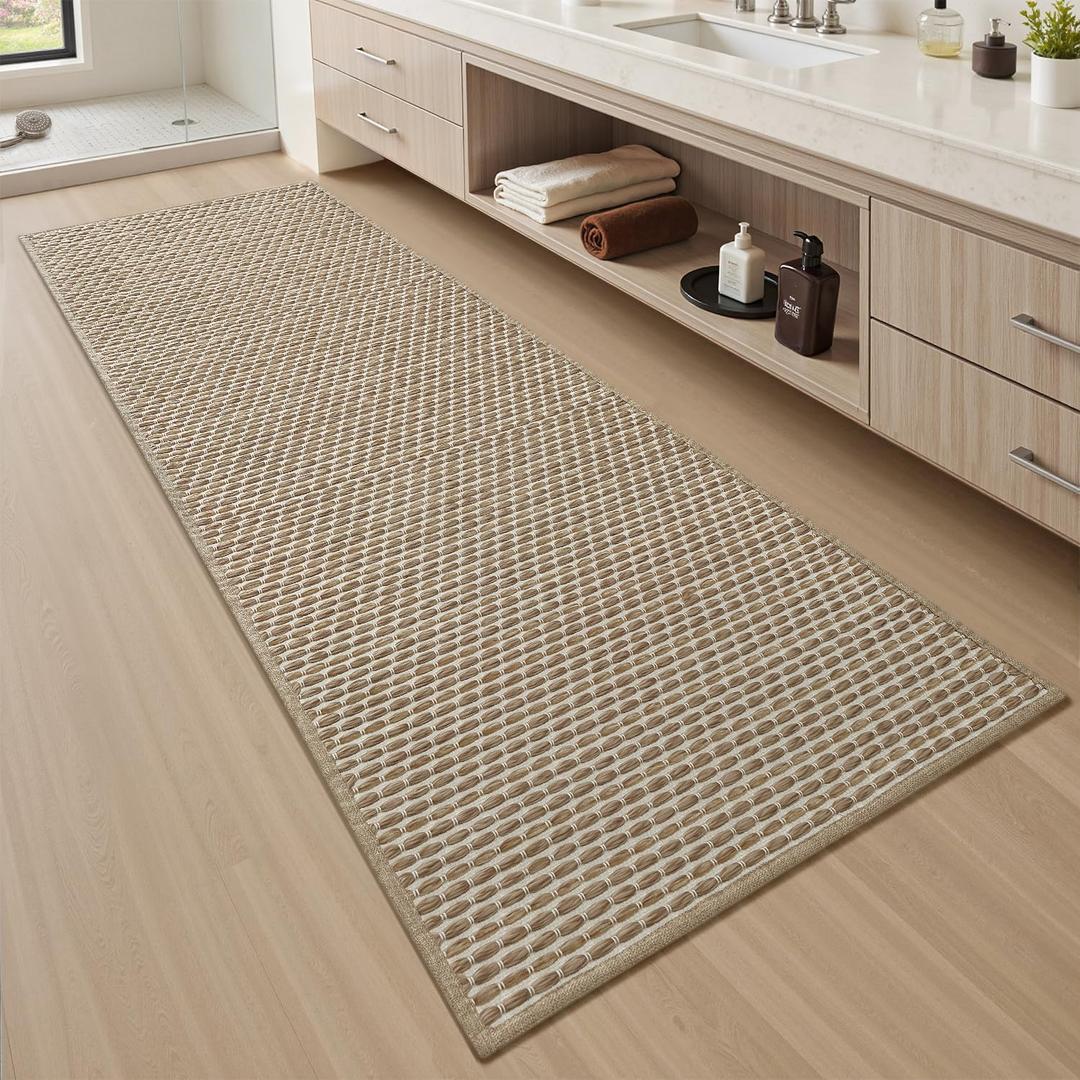 AMOAMI Unique Woven Bathroom Runner Rug, Super Absorbent Non Slip Bath Mats for Bathroom Textured Bathroom Mat Quick Dry Boho Rugs Runners for Hallyways Kitchen Bedroom Beside Tub, 2' x 4', Brown