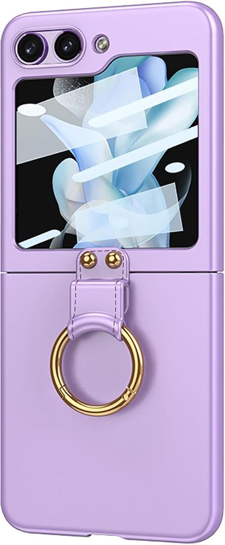 Slim Case for Samsung Galaxy Z Flip 5, Matte PC Protective Cover, with Ring Holder, Camera Lens Protector Case,Purple