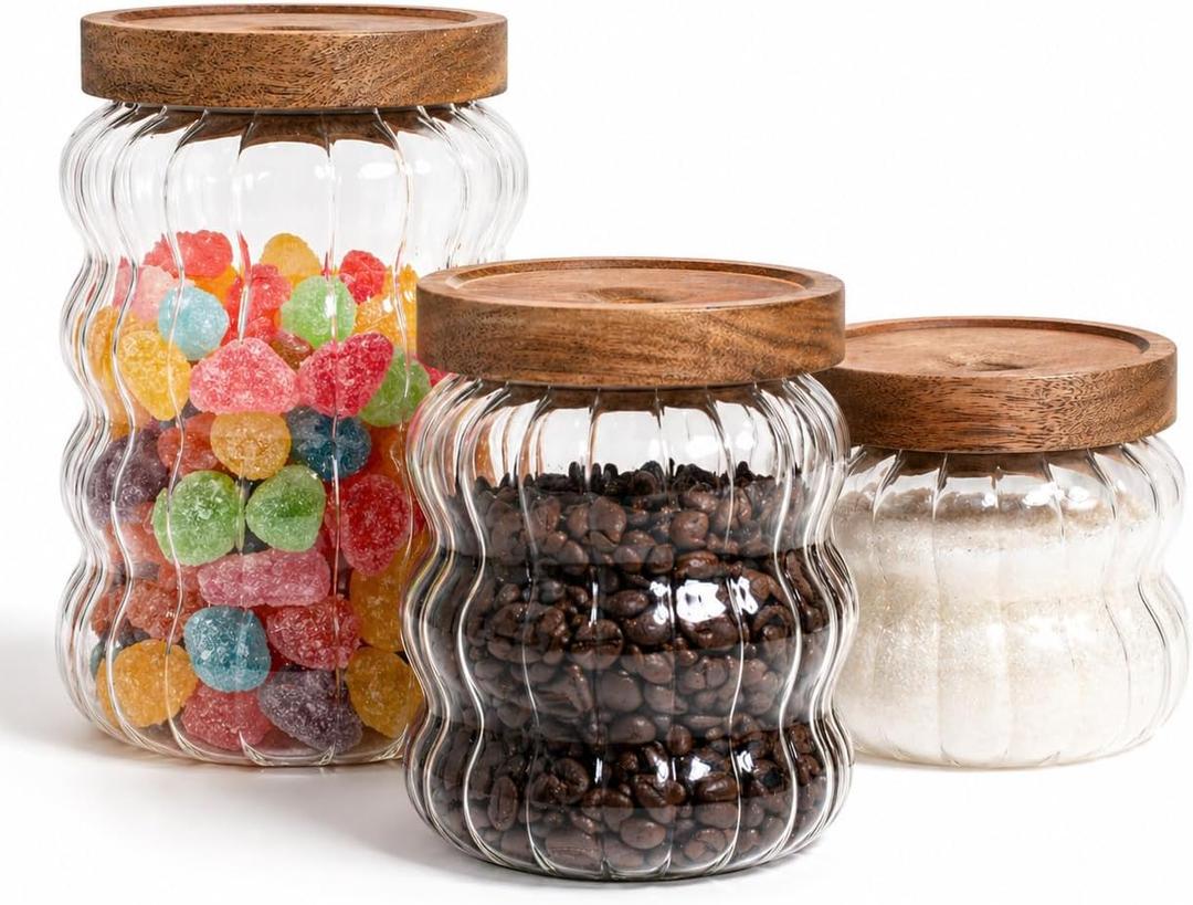 Yutrenn Glass Jar with Wood Lid Cute Decorative Glass Jars Canisters for Nut Coffee Sugar Glass Storage Jar Sets of 3 Size Clear Strip for Kitchen Storage Decor Gift for Christmas (12oz /20oz /27oz)