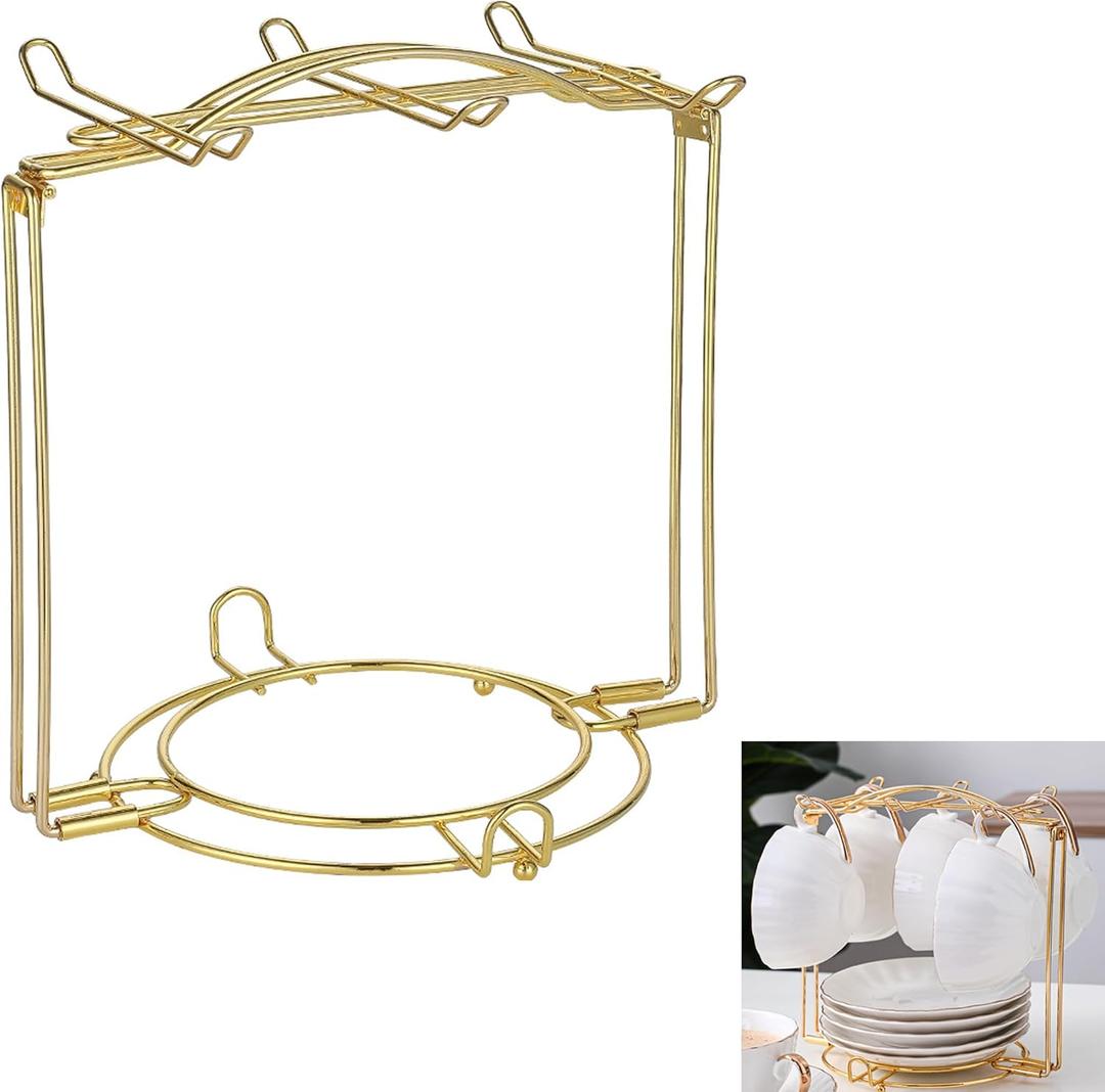 Gold Metal Cup and Saucer Display Stand Tea and Coffee Cup Holder for Countertop, Coffee Station Organizer for Home or Bar Decor