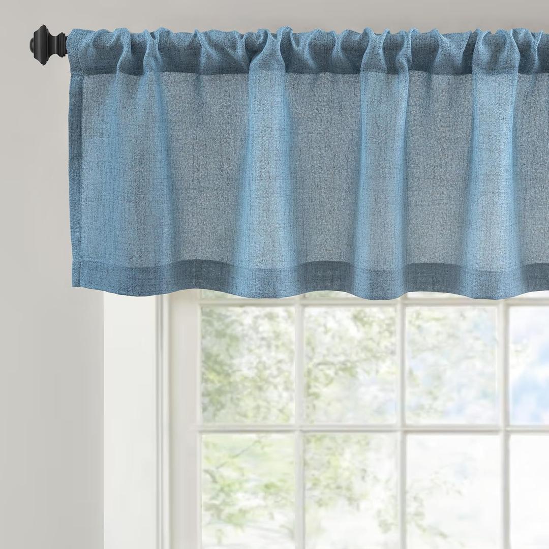 DriftAway Linen Textured Curtain Valances for Windows Light Filtering 3 Inch Rod Pocket Farmhouse Country Rustic Kitchen Valances for Bedroom Living Room Bathroom 14 inch Length Blue
