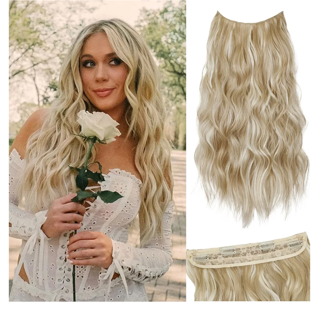 Halo Hair Extensions with Invisible Wire 20 Inch Beige Blonde Hair Extensions with Light Blonde Highlights and 4 Secure Clips Wavy Synthetic Hair extensions for Women Daily Part Use