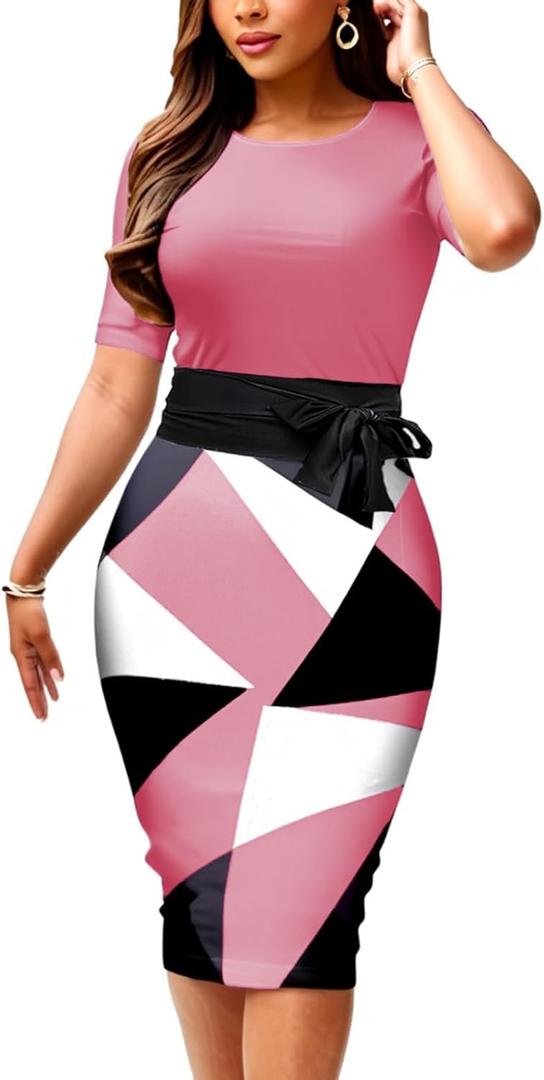 Bodycon Dresses for Women Midi Pencil Church Dress Elegant Business Printed Work Office Dress with Belt, 3X