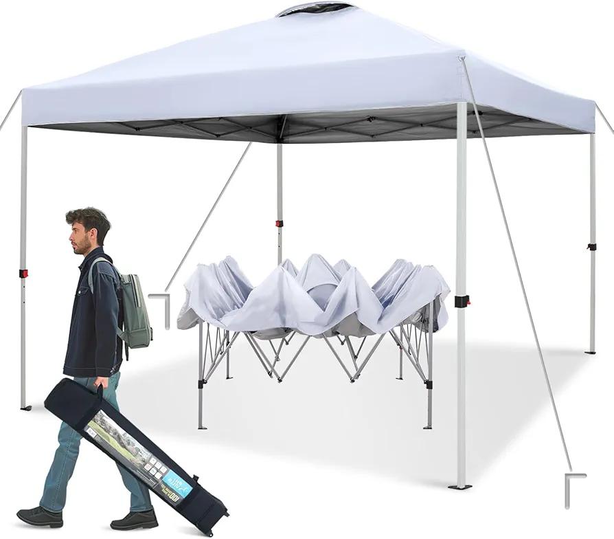 GREEN PARTY 10x10 ft Pop Up Canopy Tent, Easy Up Instant Outdoor Canopy with Vented Top, Straight Legs, Wheeled Carry Bag, 4 Ropes & 8 Stakes - White