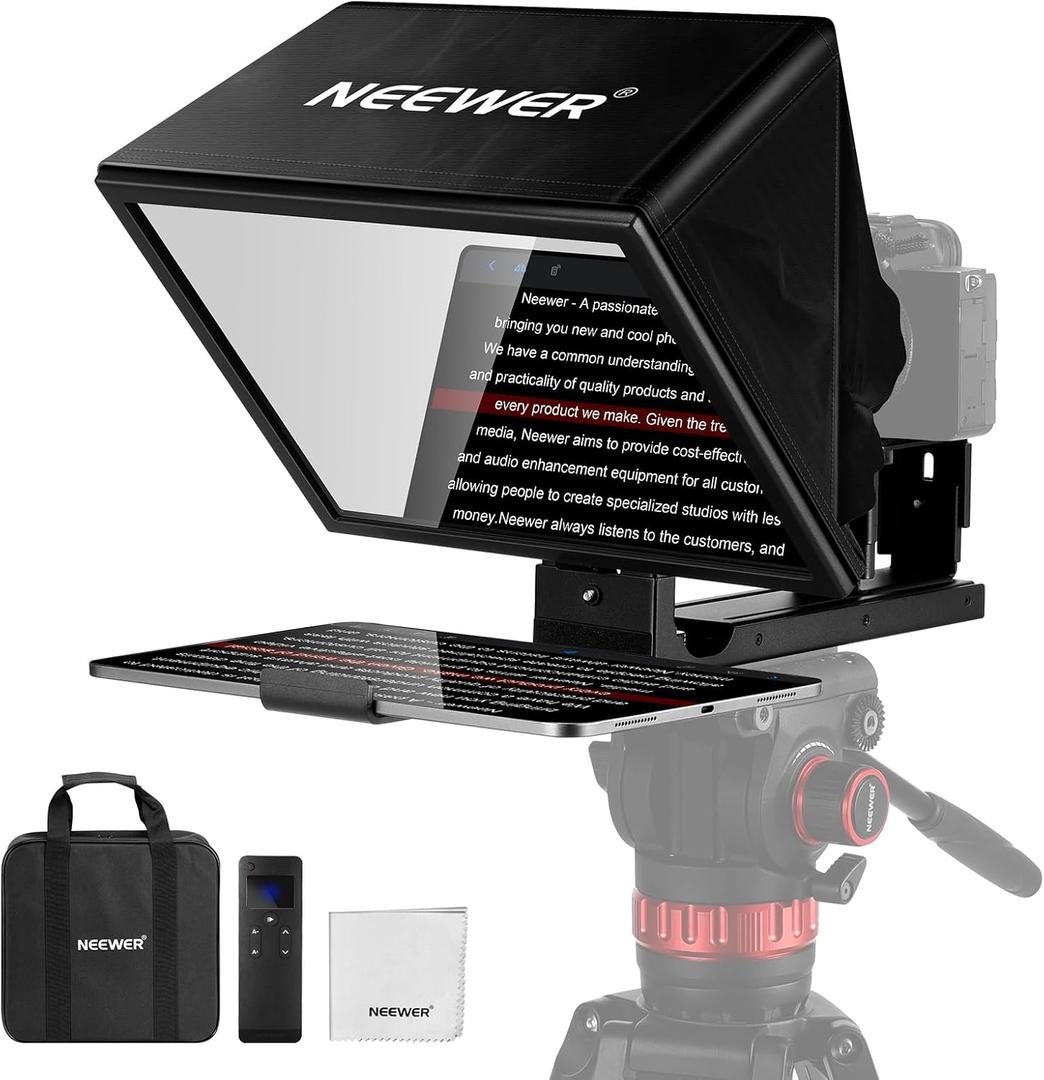 NEEWER Basics X12B Aluminum Alloy Teleprompter 12" for iPad Tablet DSLR Camera, Bluetooth, No Assembly, Remote & App Control, Compatible with iOS Android, Black, for Streaming