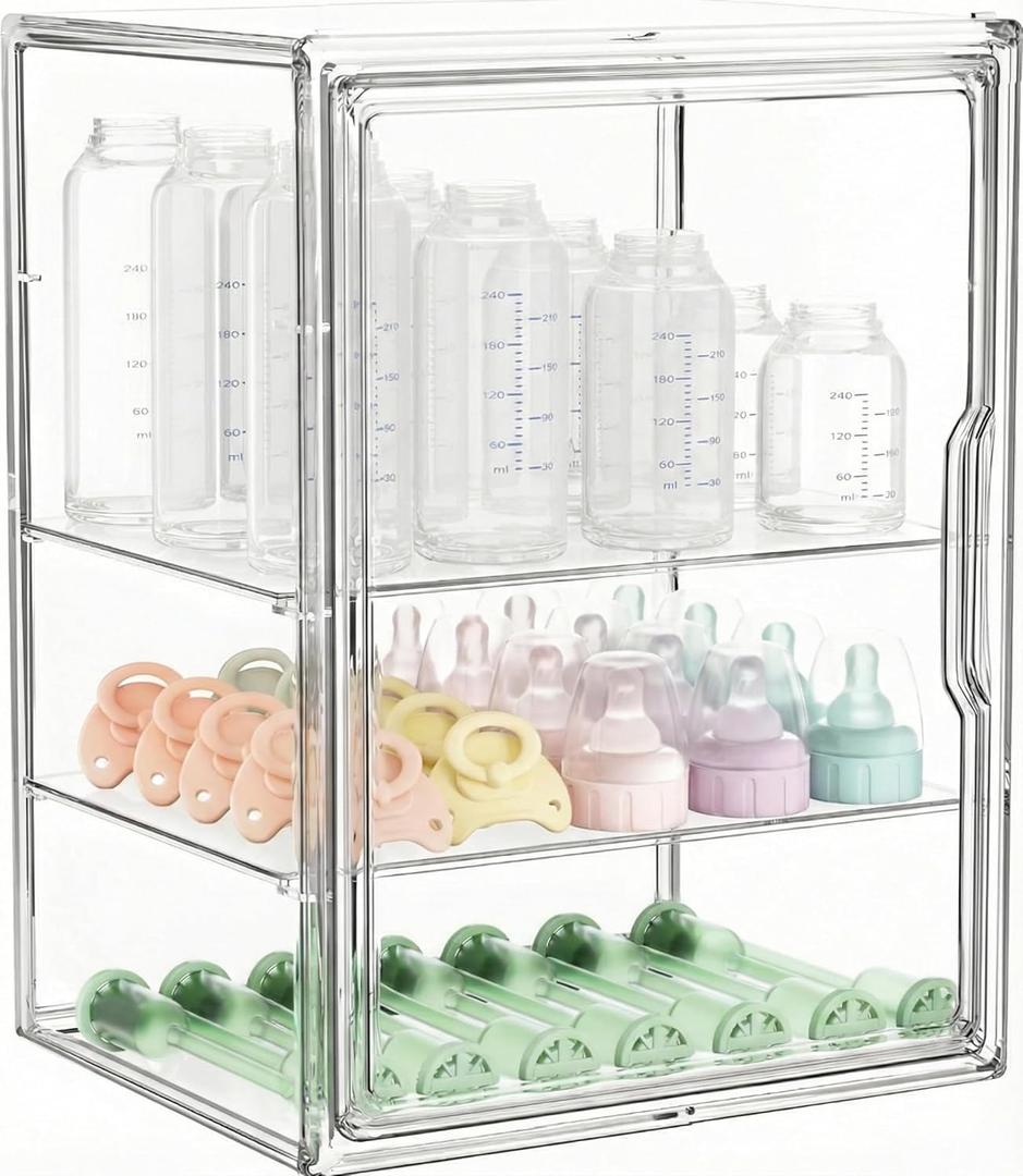 Baby Bottle Storage Organizer for Countertop, Large Clear Bottle Organizer, Baby Bottle Storage Organizer for Bottles, Nipples, Pump Parts & Food Jars, Nursery Cabinet, Kitchen Pantry (Large: 14.2" x 10.7" x 10.7")
