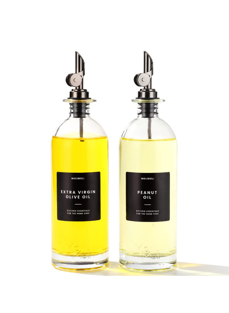 Molimoli Oil and Vinegar Dispenser with Metal Pour Spout, Weighted Pourer, Glass Bottle Dispenser for Kitchen, Olive Oil Cruet, Glass Olive Oil Bottle | 500ml, Set of 2