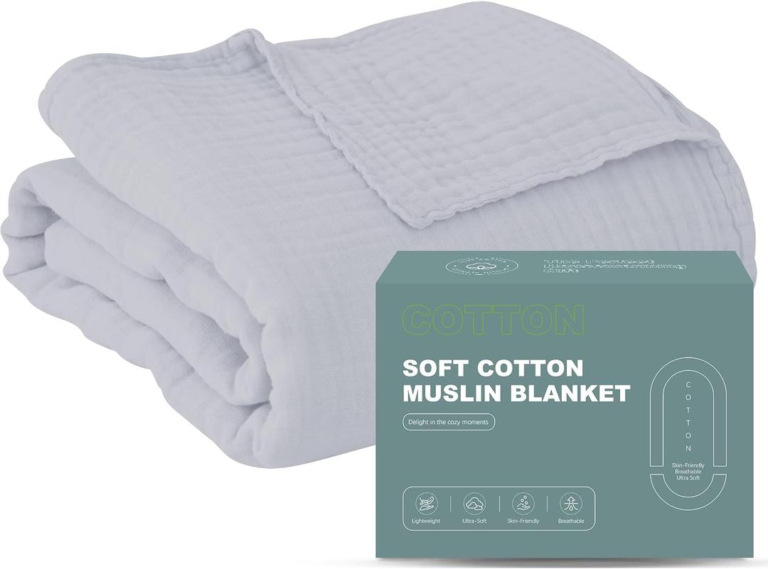 Cosy Family 4 Layer Muslin Bed Blanket - Breathable and Lightweight Gauze Boho Blanket for Spring, Soft 100% Cotton Muslin, Slate, 55x80 Inches