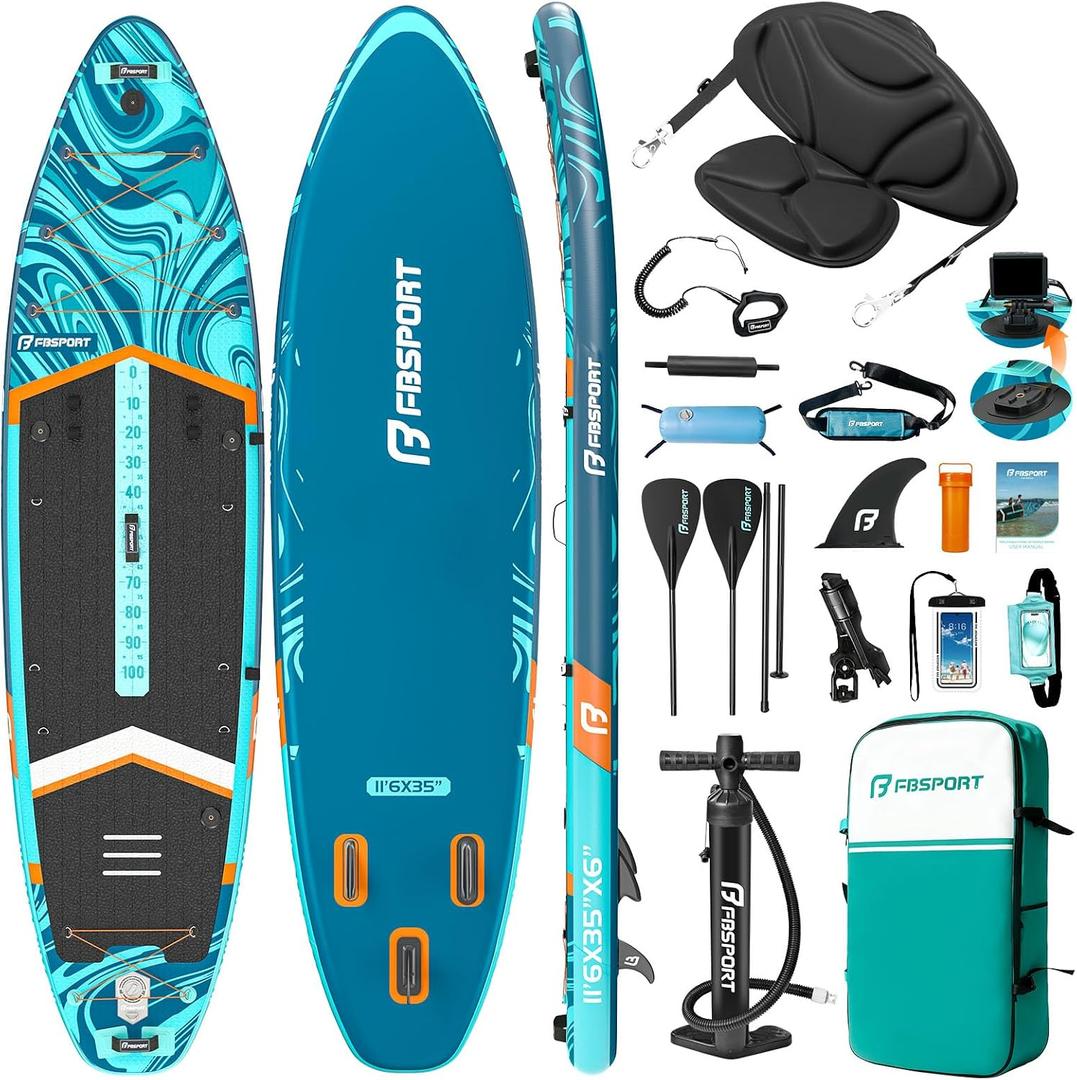 FBSPORT 11'6" Premium Stand Up Paddle Board, Yoga Board with SUP Accessories & Carry Bag | Wide Stance, Surf Control, Non-Slip Deck, Leash, Paddle and Pump for Youth & Adult(Blue Orange)