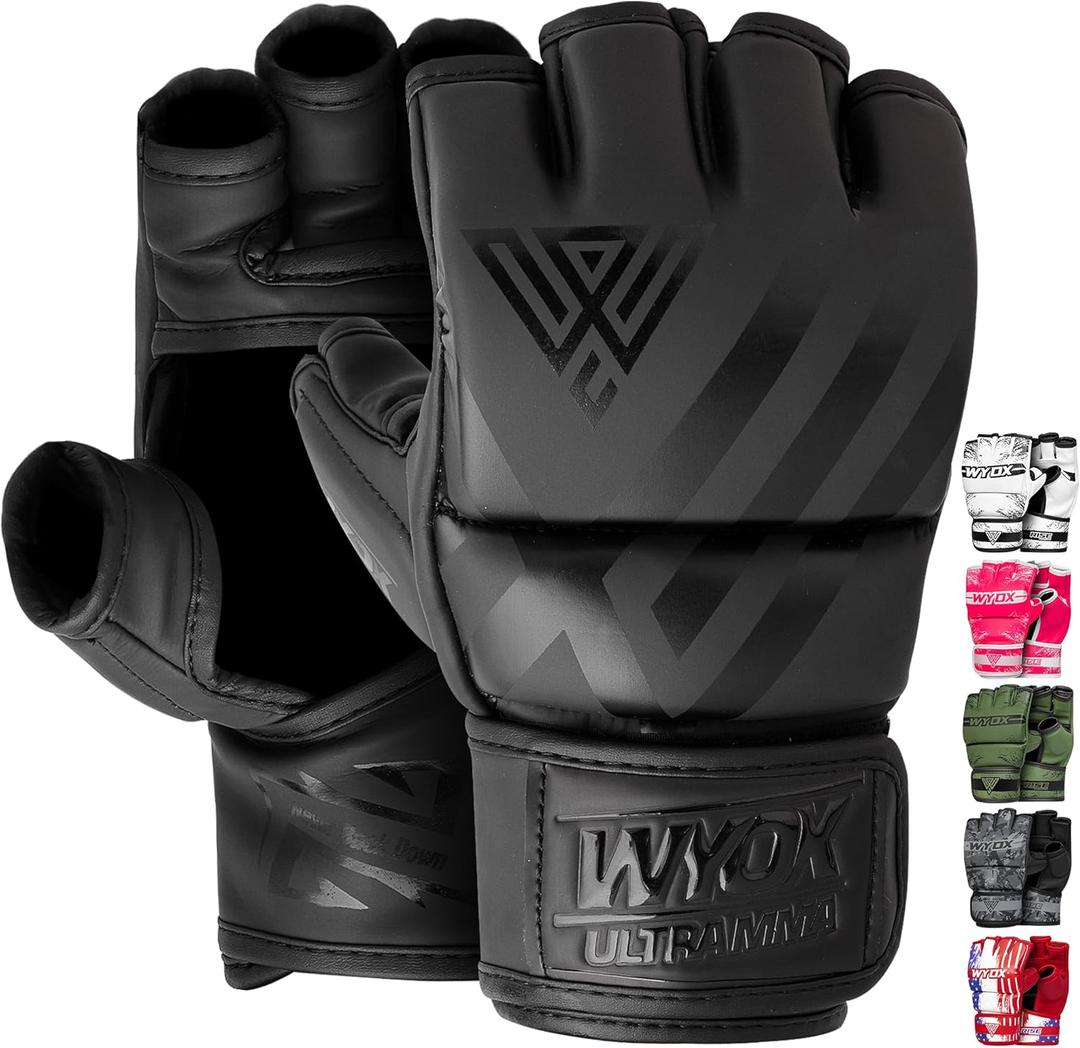 WYOX MMA Gloves for Men & Women  Grappling & Sparring Boxing Gloves with Open Palm Design, Padded Fingerless Training Gloves for Kickboxing, Muay Thai, Youth & Heavy Bag Workouts (S / M (15-21 cm), BLACK)