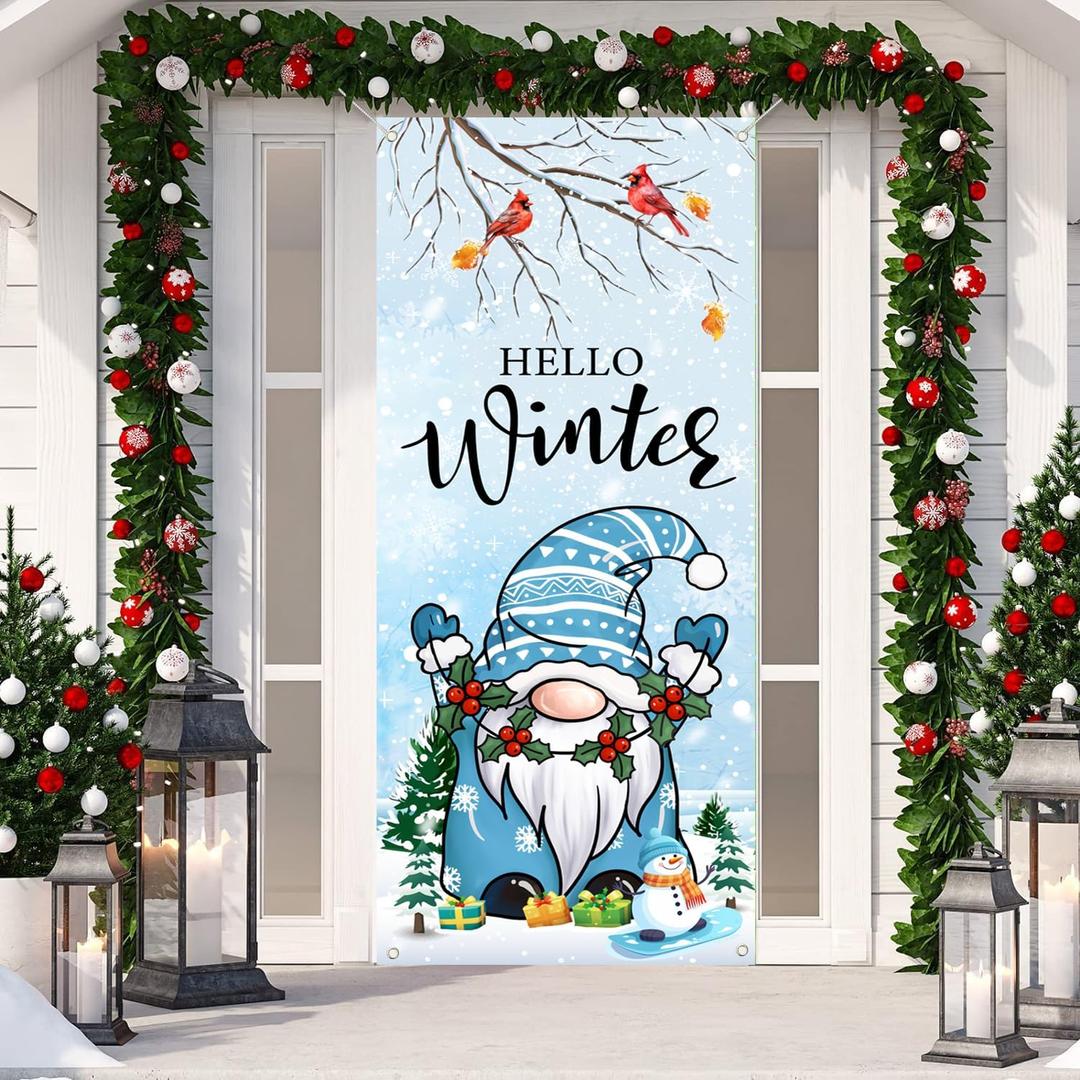 Winter Holiday Door Cover, Hello Winter Dwarf Door Decoration, Christmas Door Cover, Christmas Indoor and Outdoor Decoration Holiday Supplies (29.5x71 inches)
